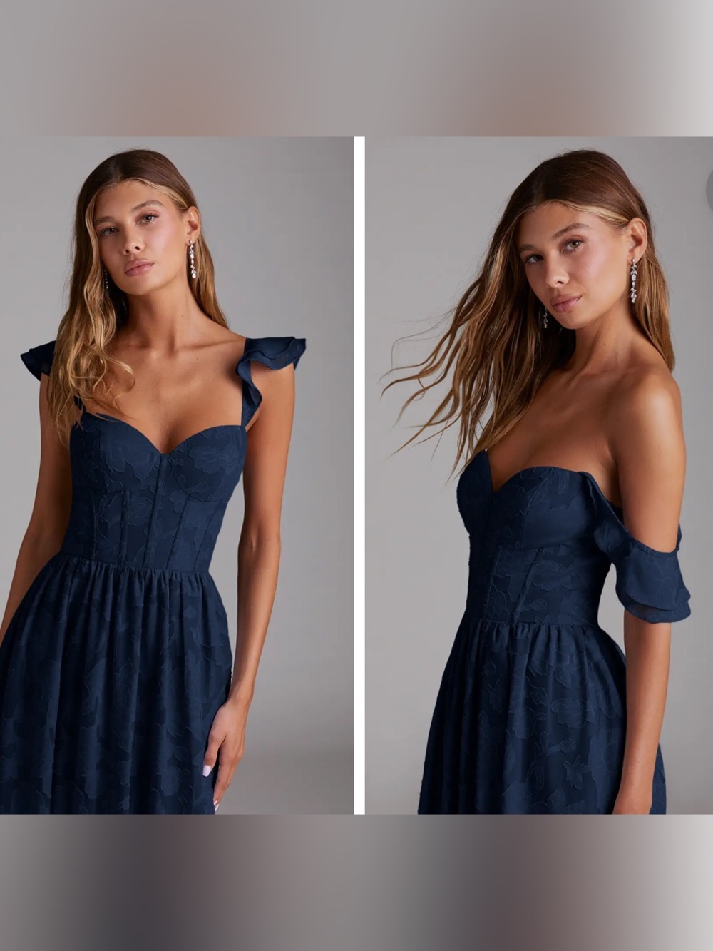 Azazie Denisse Navy Blue Jacquard Bridesmaid Maxi Dress | Never Worn